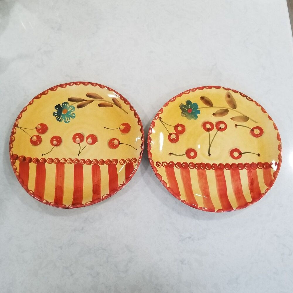 Italica Ars Hand‑Painted Plates Made in Italy Cherry Fruit Wall Plates pair